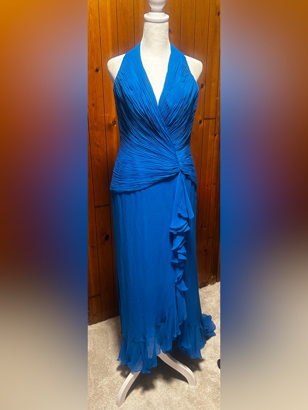 Vtg Y2K Jovani New York Blue 100% Silk Chiffon Halter Long Maxi Dress 8